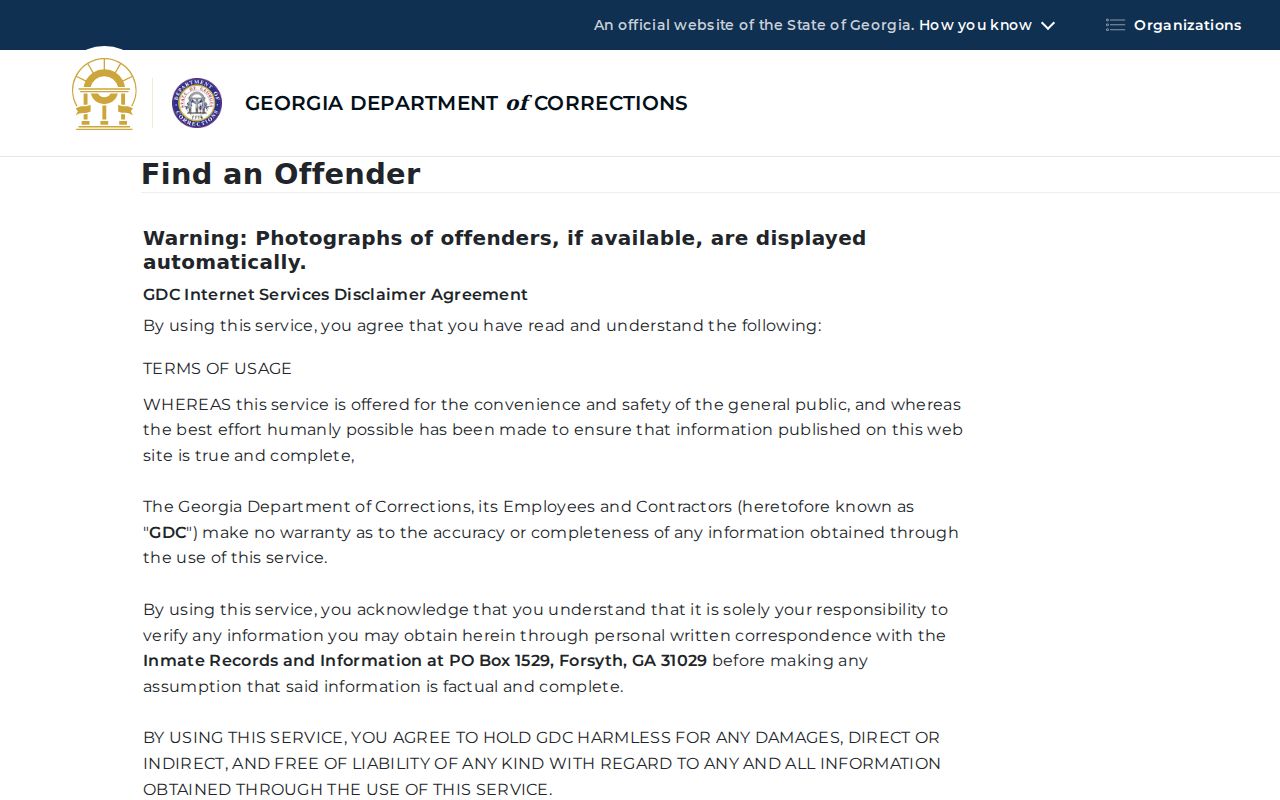 Official Georgia Department of Corrections offender search form